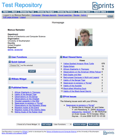 This image shows a screenshot of an example MePrints User Homepage.