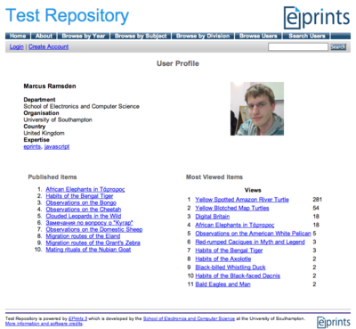 This image shows an example MePrints User Profile.