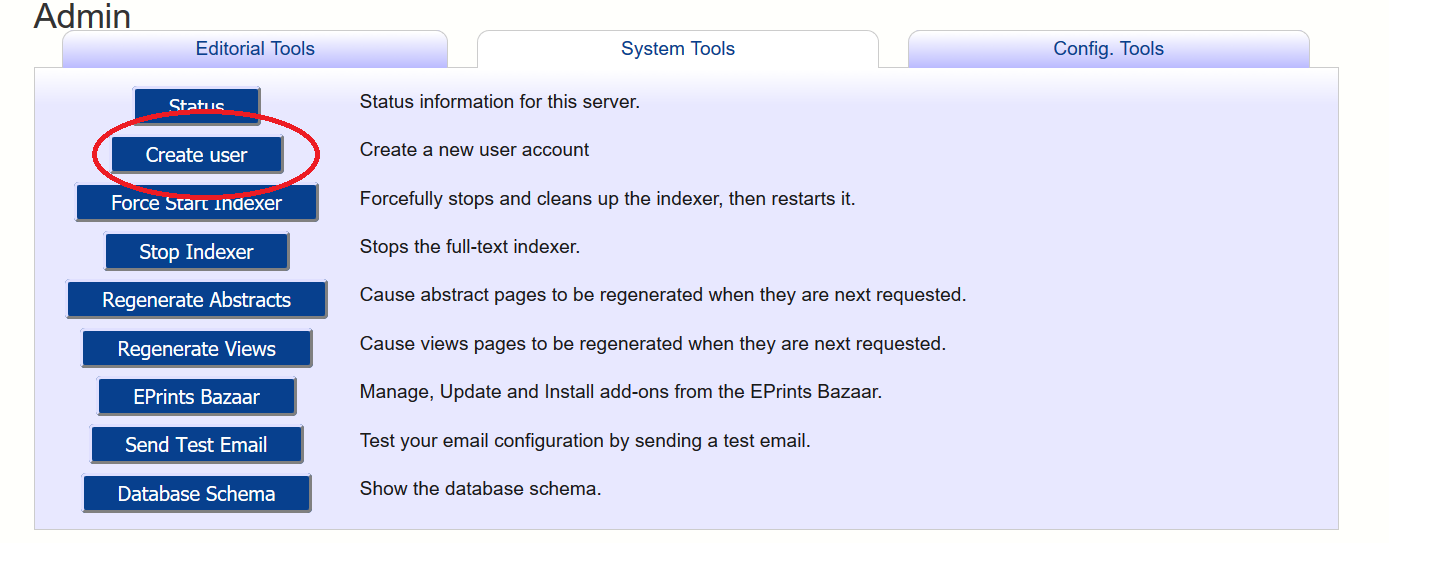 Admin page, System Tools tab